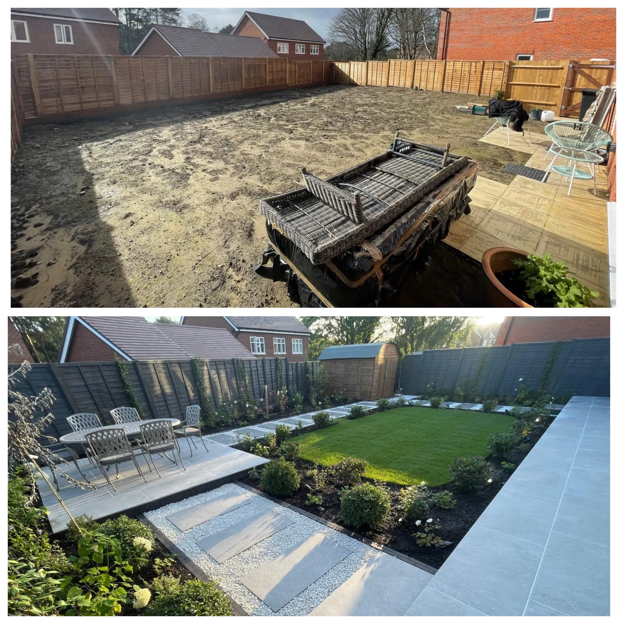 Two pictures of a back yard and a back yard.