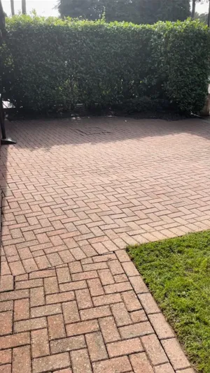 A brick patio with grass and bushes in the background.